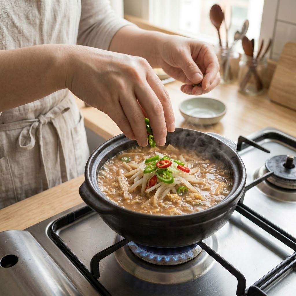 무된장찌개 송송 썬 청양고추를 넣고 1분간 칼칼하게 끓여내는 모습