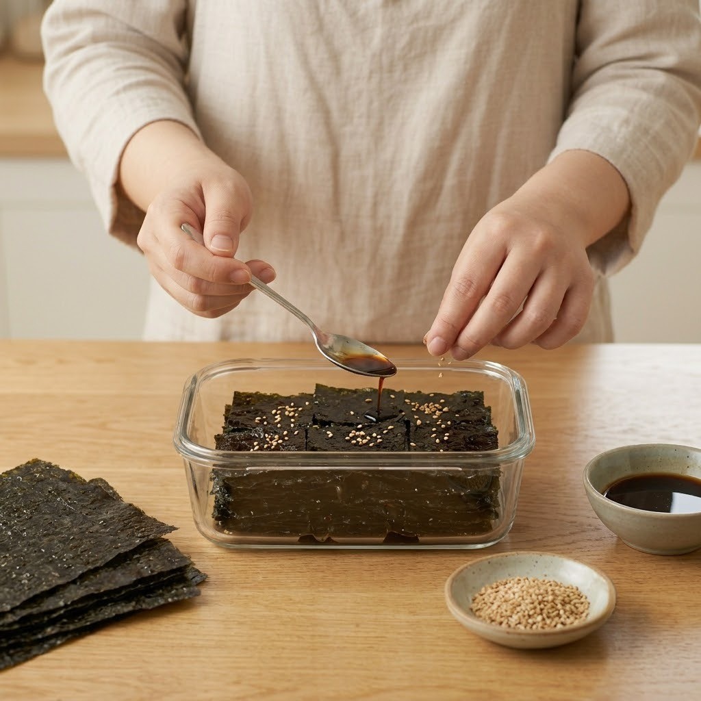 찬또 장아찌 6종 구운 김을 켜켜이 쌓으며 간장 국물을 적시고 통깨를 뿌리는 모습