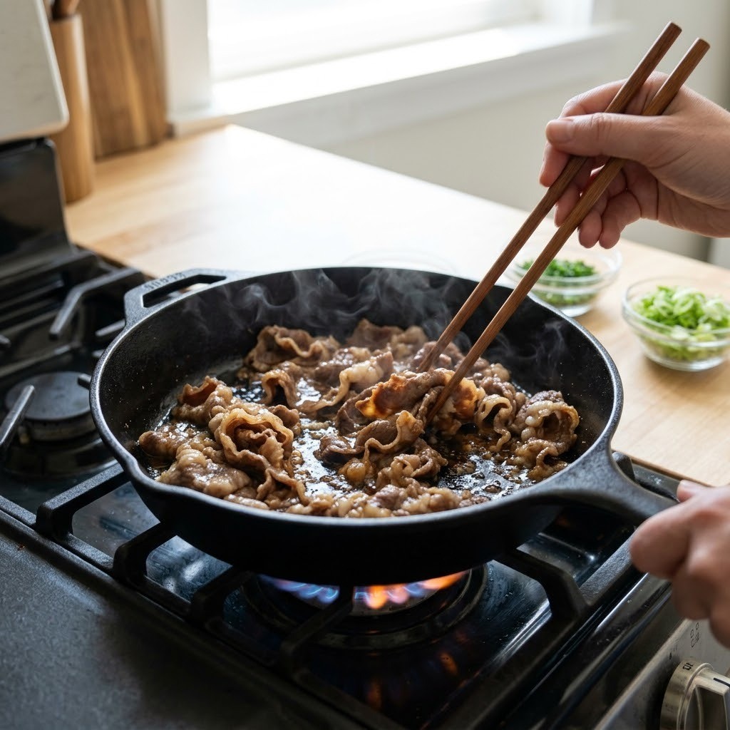 차돌 마짱밥 차돌박이에 맛간장과 설탕 다진 마늘 넣고 볶기
