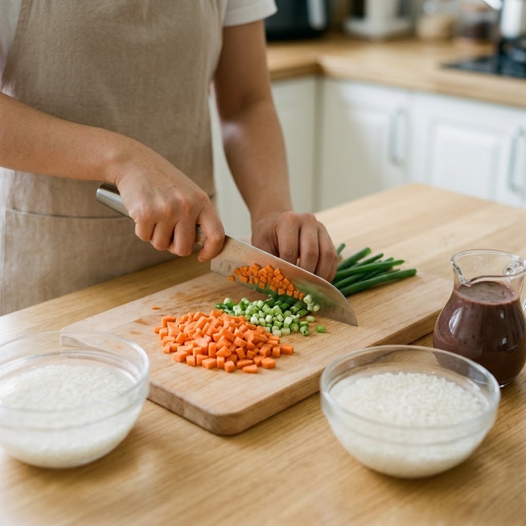 오징어 피순대 찹쌀을 불리고 선지와 신선한 채소를 잘게 손질하는 과정