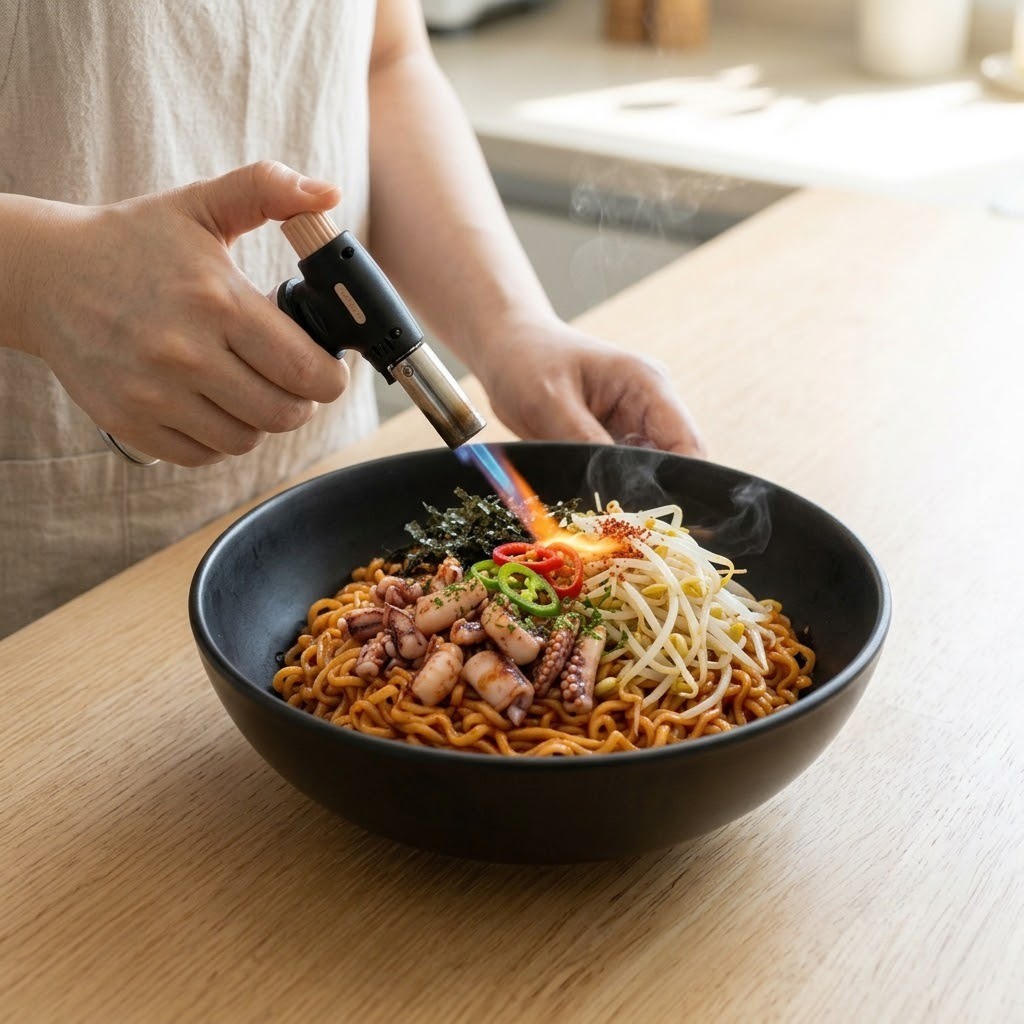 오파라면 볶음 라면 위에 숙주 고명을 얹고 토치로 불맛 입히기
