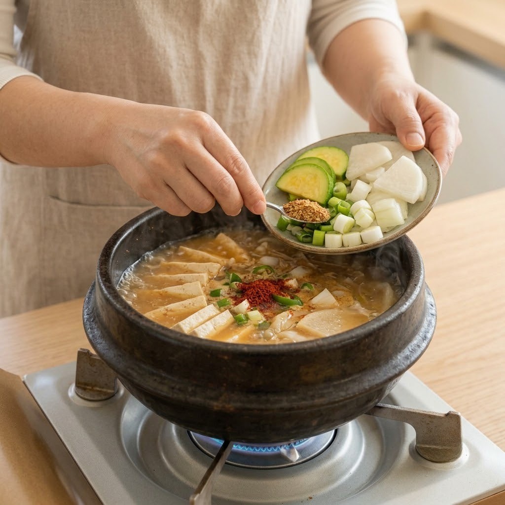 끓는 육수에 손질한 채소와 두부를 넣고 멸치육수 원액으로 간을 맞추는 모습
