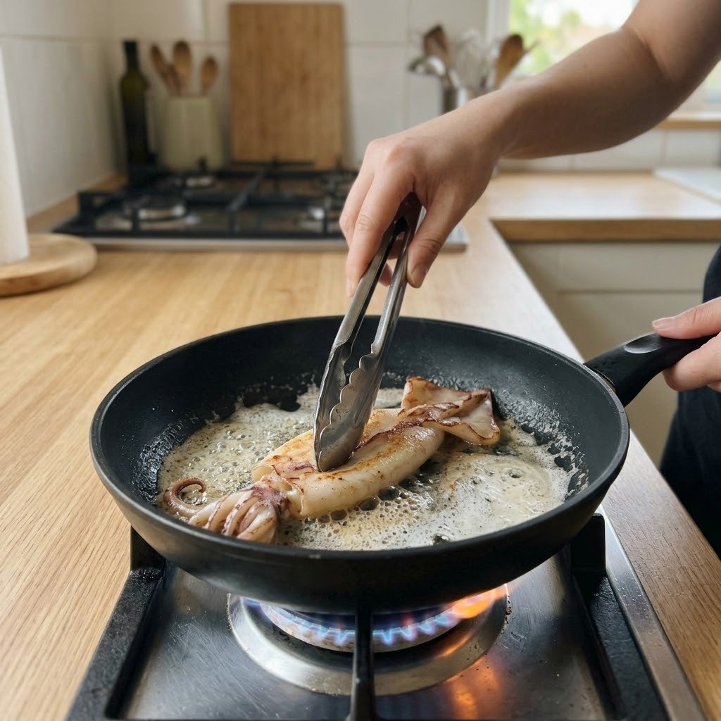 버터오징어구이 달군 팬에 버터 녹여 반건조 오징어 앞뒤 노릇하게 굽기