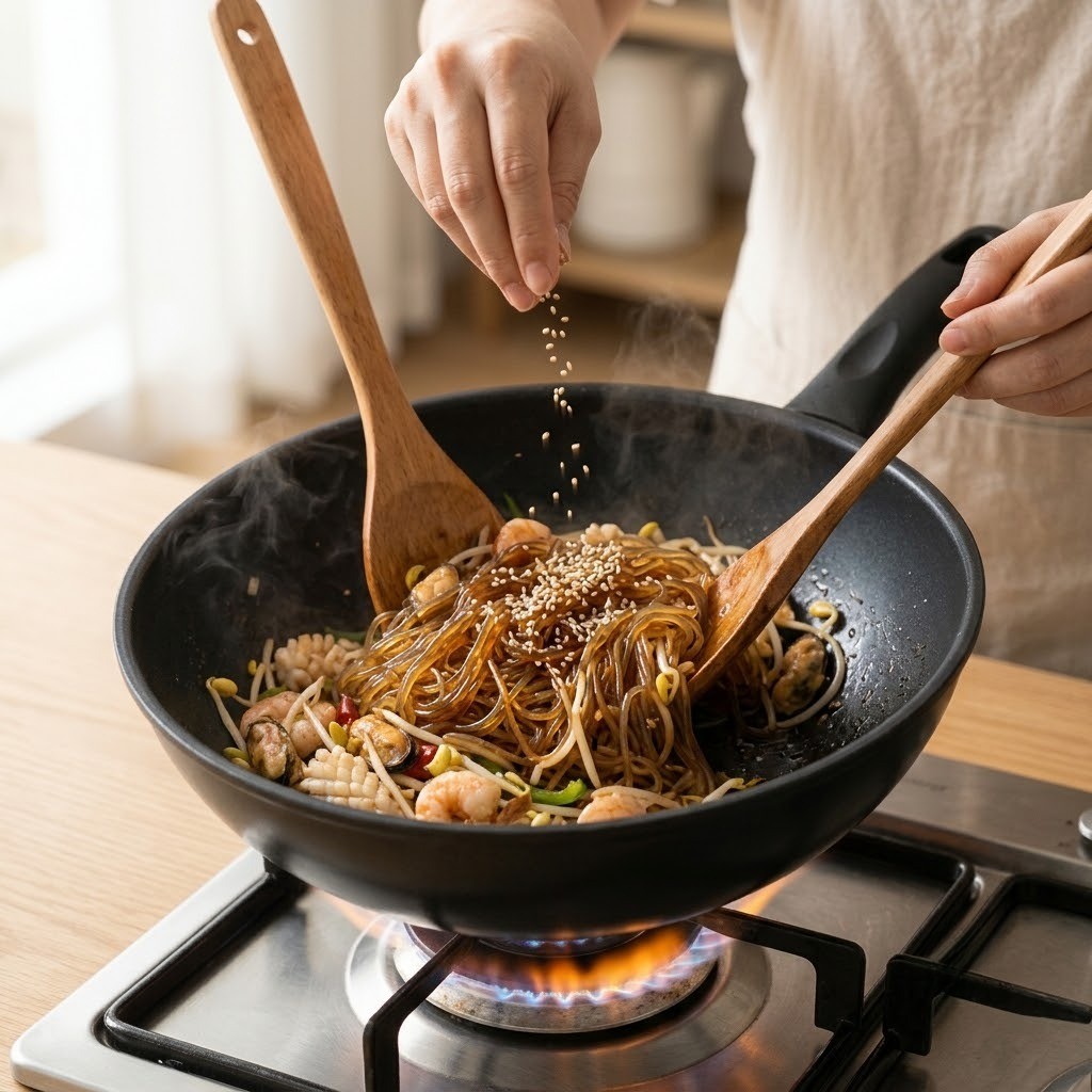 해물콩나물잡채 완성 접시에 당면과 풍성한 해물을 담고 통깨를 뿌리는 모습