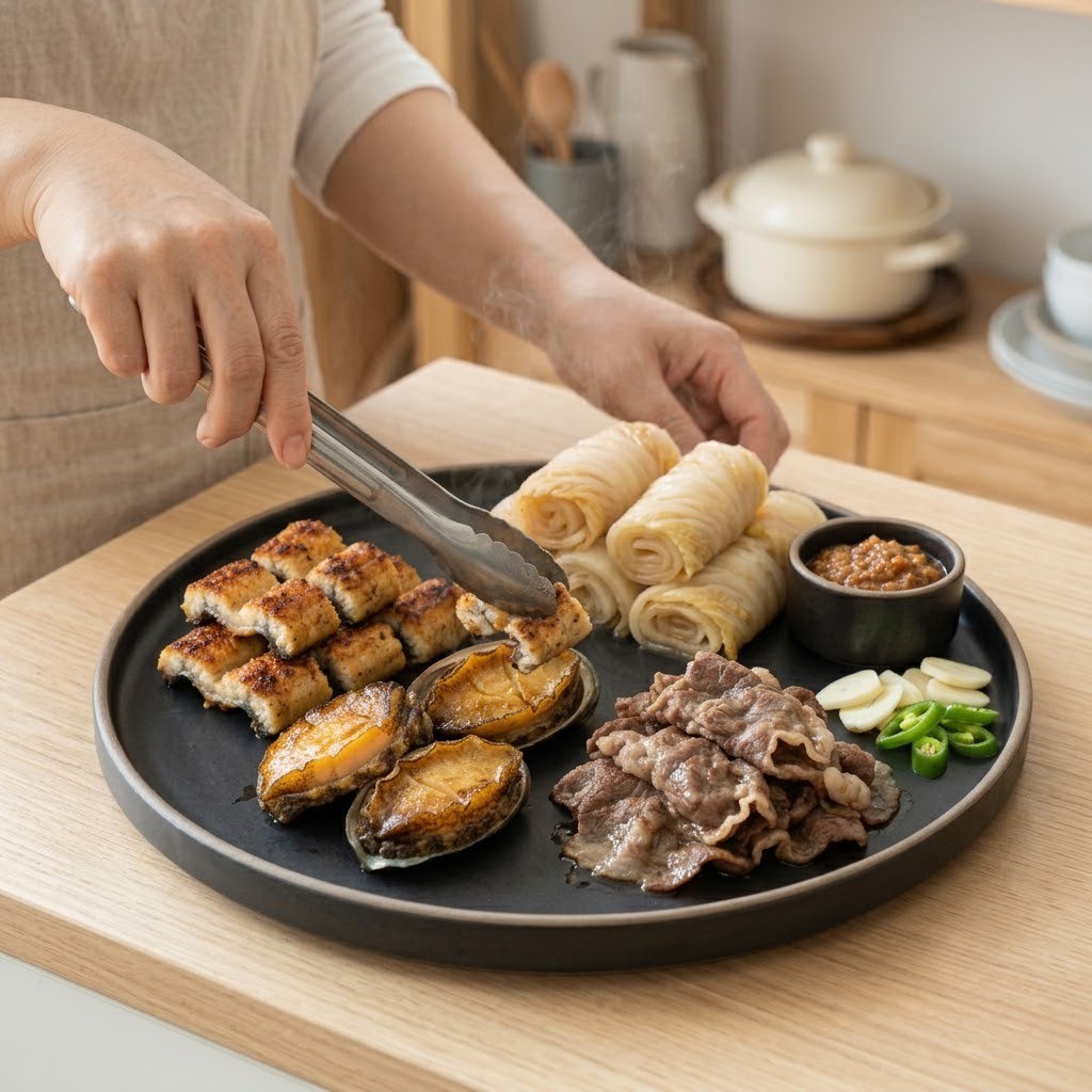 검은돌장어삼합 재료를 접시에 담아 상차림을 완성한 모습