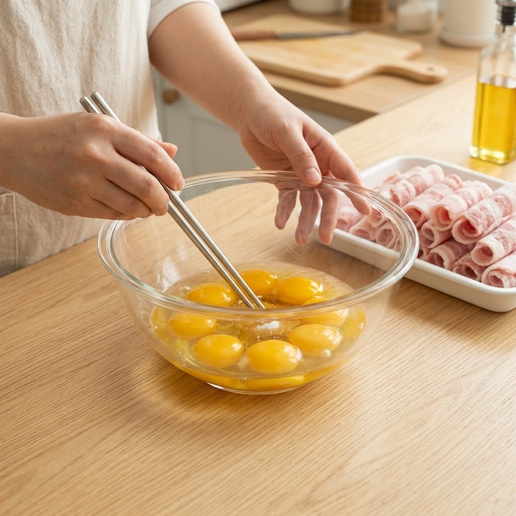대패 육전 볼에 달걀과 참기름 소금을 넣고 고루 섞는 모습