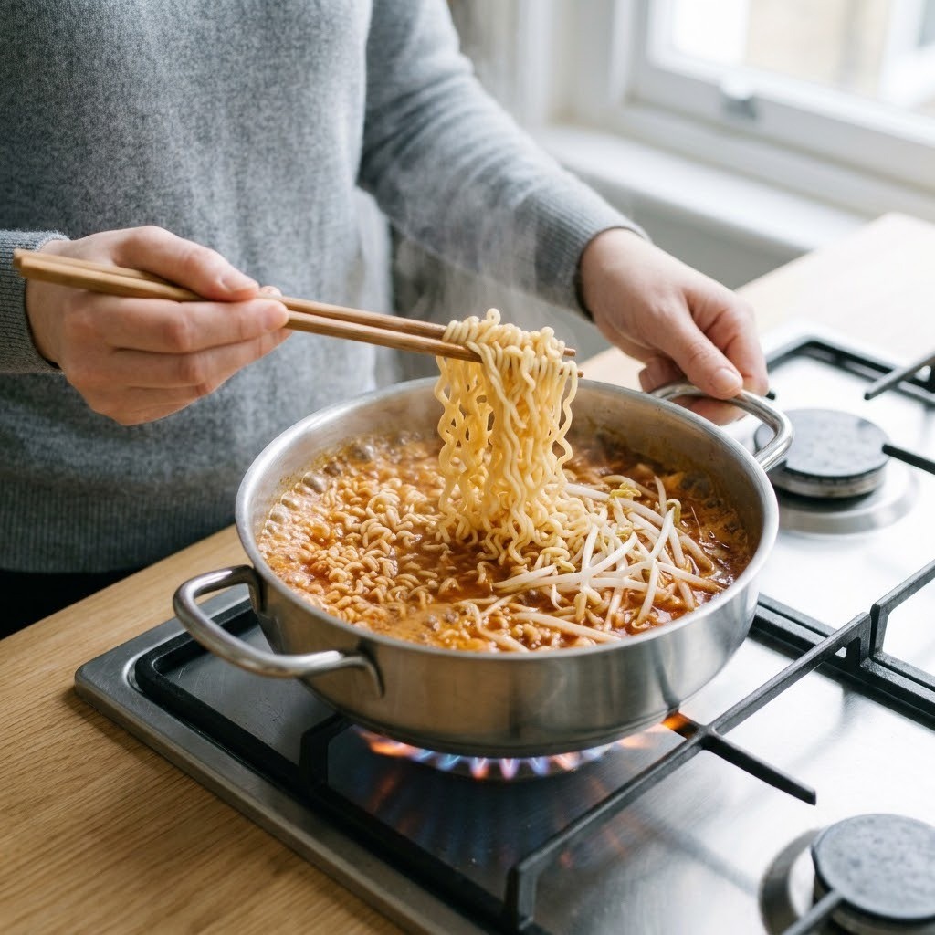찬찬라면 끓는 육수에 콩나물과 라면 면사리 넣고 끓이기
