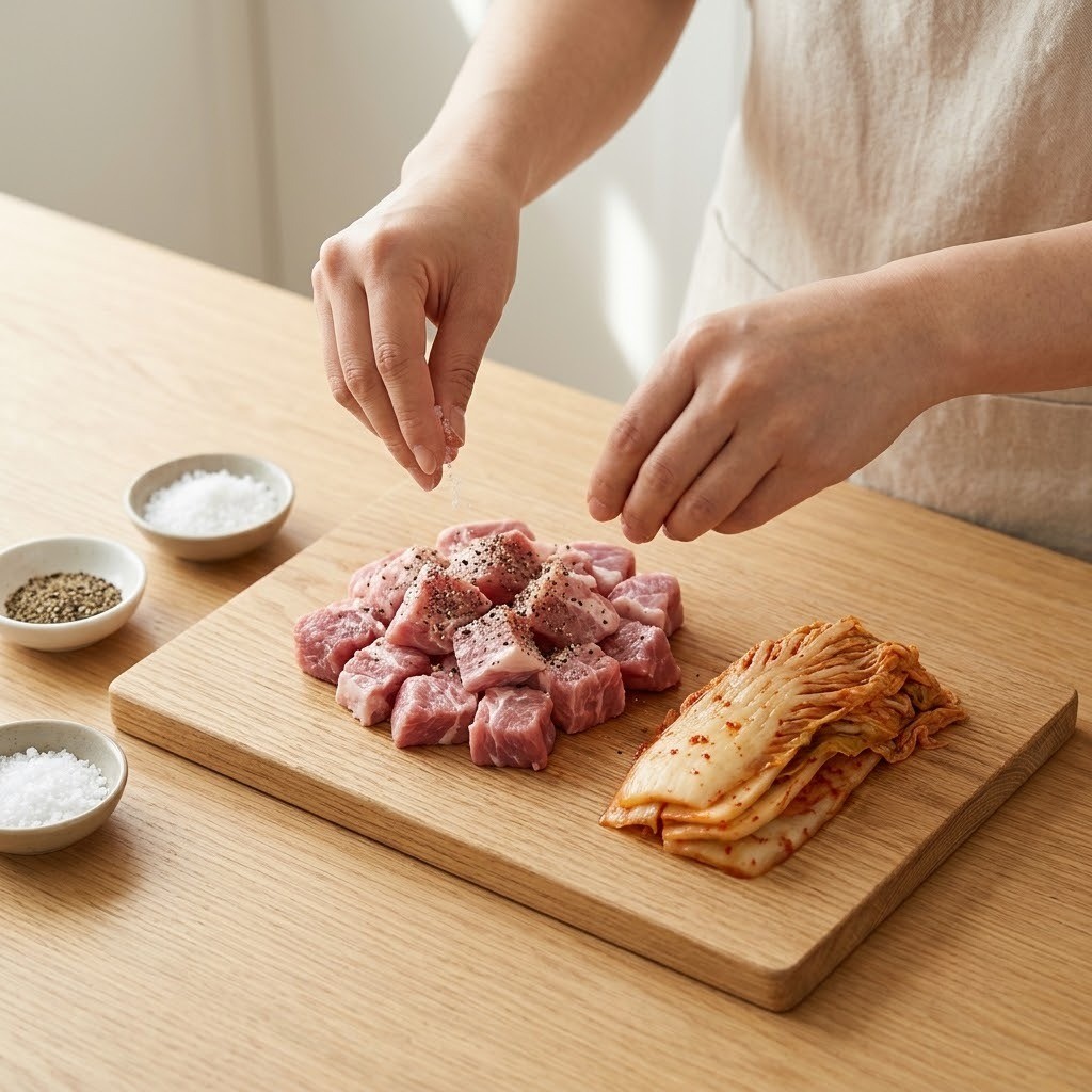 왕의 라면 밑간한 돼지고기 목살과 씻은 묵은지를 큐브 모양으로 써는 모습