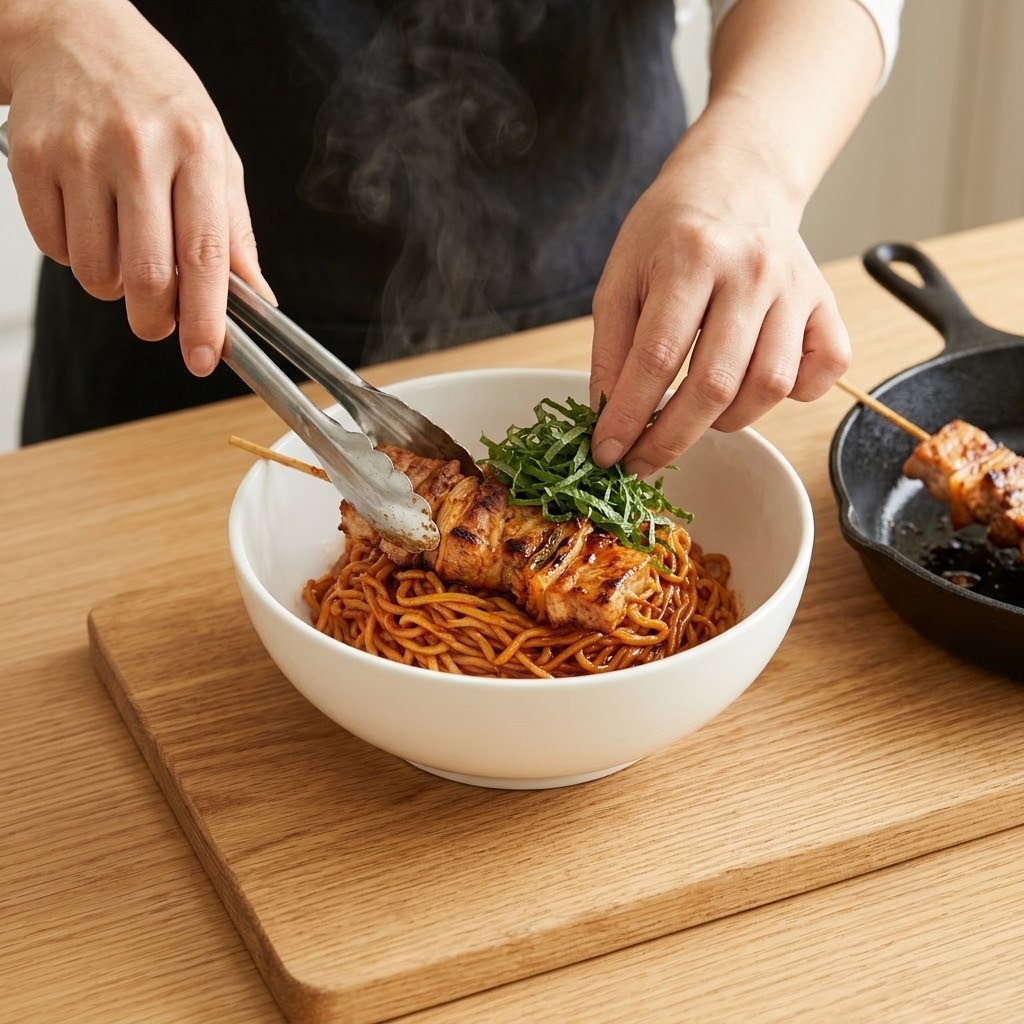 왕의 라면 면기에 라면을 담고 꼬치전과 깻잎 고명을 정갈하게 얹는 모습