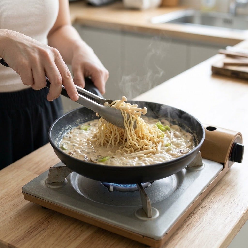 장조림 크림 라면 삶은 면과 팽이버섯 넣고 걸쭉하게 졸이기