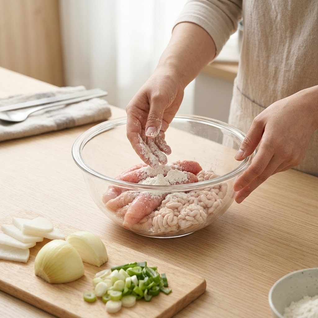 곤이리찜 밀가루로 이리와 곤이를 부드럽게 세척하는 손질 과정