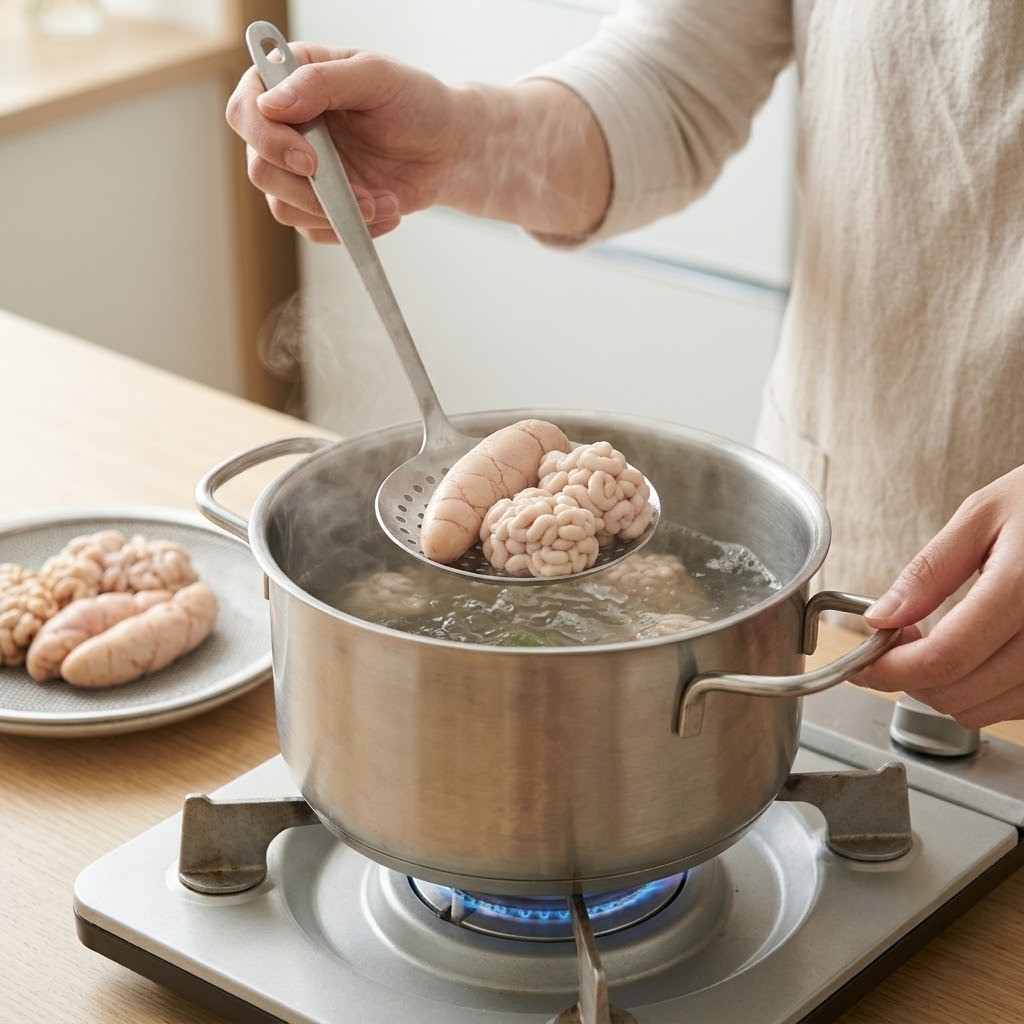 곤이리찜 소주와 참치액젓 끓는 물에 곤이와 이리를 데치는 모습