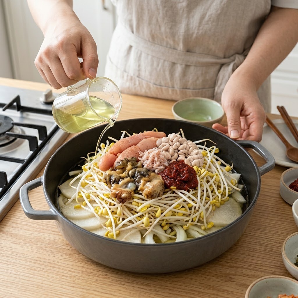 곤이리찜 냄비에 채소와 데친 해물을 켜켜이 올리고 녹찻물을 붓는 조리 과정