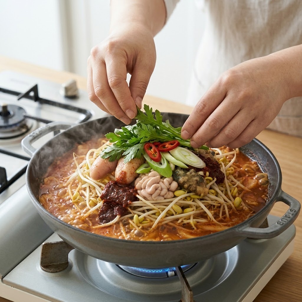 곤이리찜 자작하게 졸아든 찜 위에 대파와 홍고추 쑥갓을 얹는 완성 단계