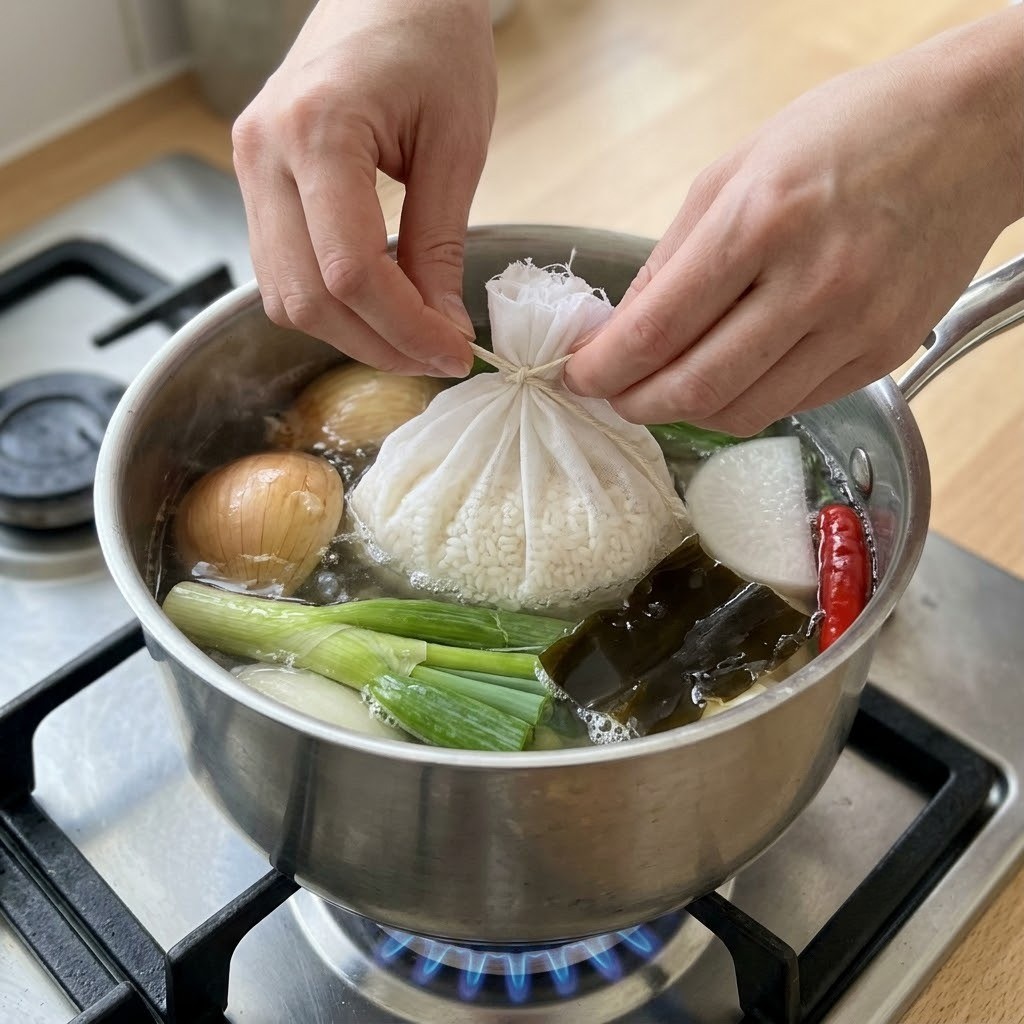 깡새우 된장 라면 주머니에 찹쌀과 채소를 넣고 육수를 우리는 장면