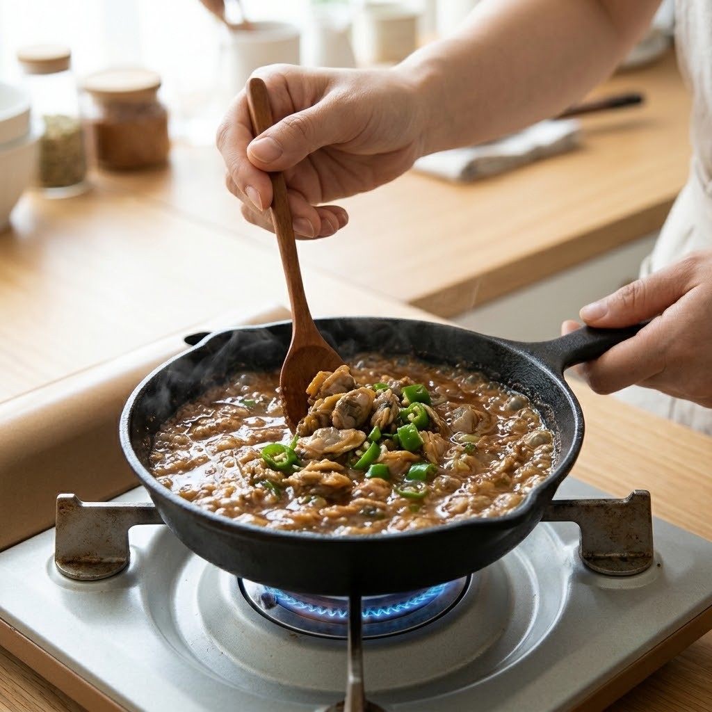 바지락살과 묵은지에 된장 양념을 넣고 감칠맛 나게 볶아내는 모습