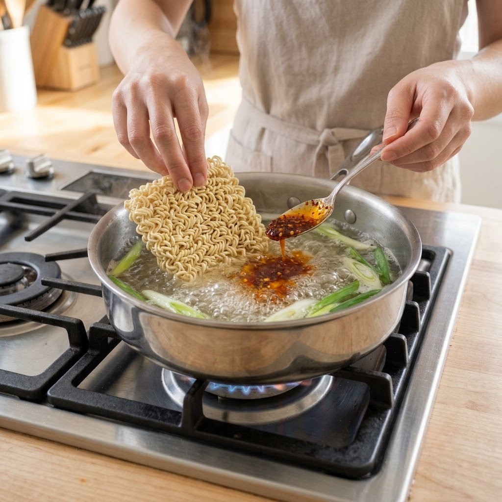 어라면 치킨스톡 대파 육수에 면사리와 어남맛기름을 넣고 끓이는 장면