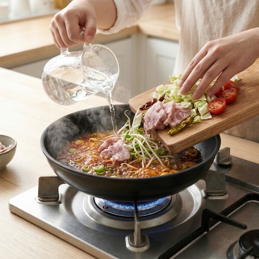 뽕버터라면 돼지 목살과 채소 볶고 육수 붓기