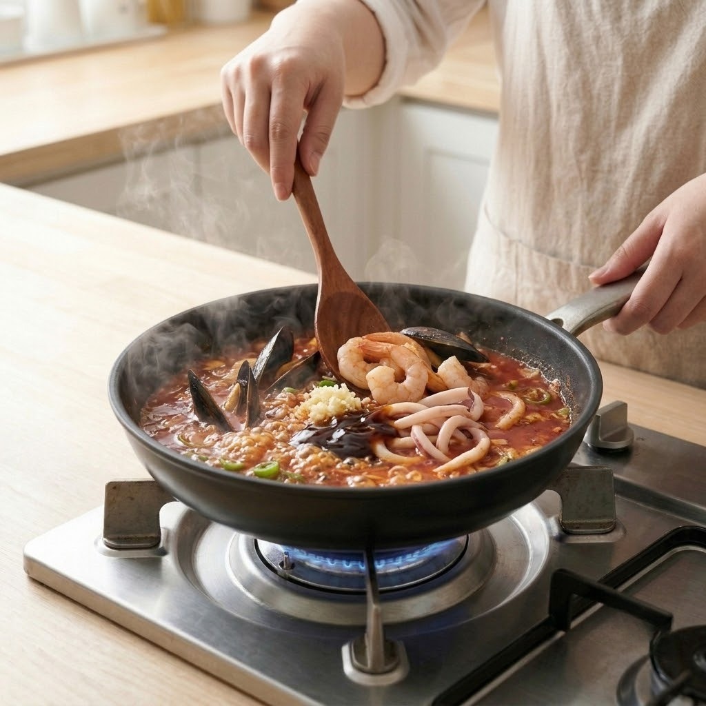 뽕버터라면 해물과 굴소스 양념 넣고 끓이기