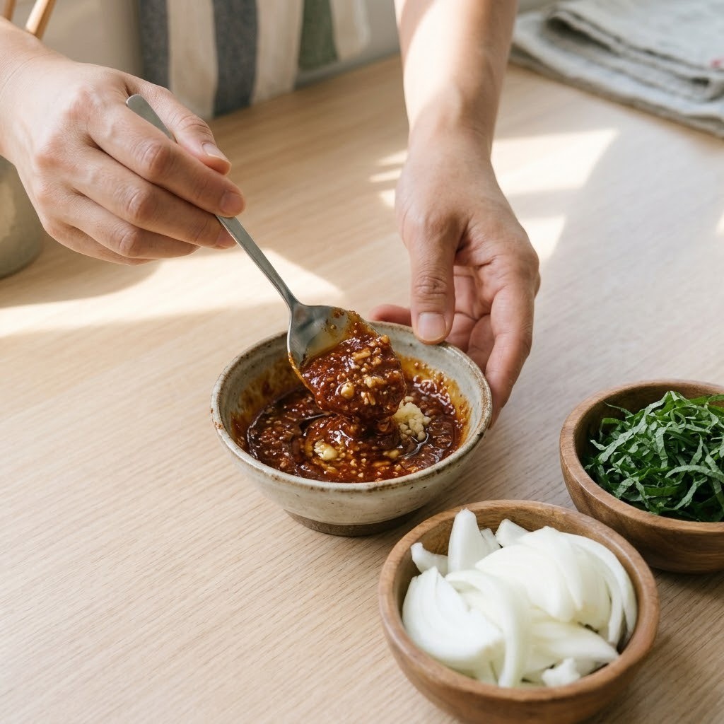 쌈장닭갈비 된장 고추장 꿀 참기름을 섞어 특제 양념장을 만드는 과정