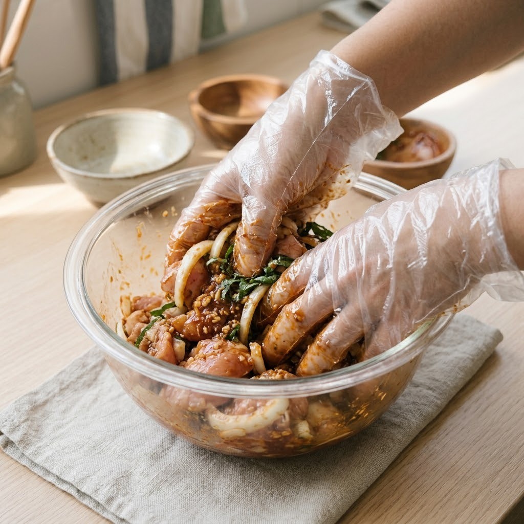 쌈장닭갈비 닭다리살과 양파 깻잎에 쌈장 소스를 넣고 버무리는 장면