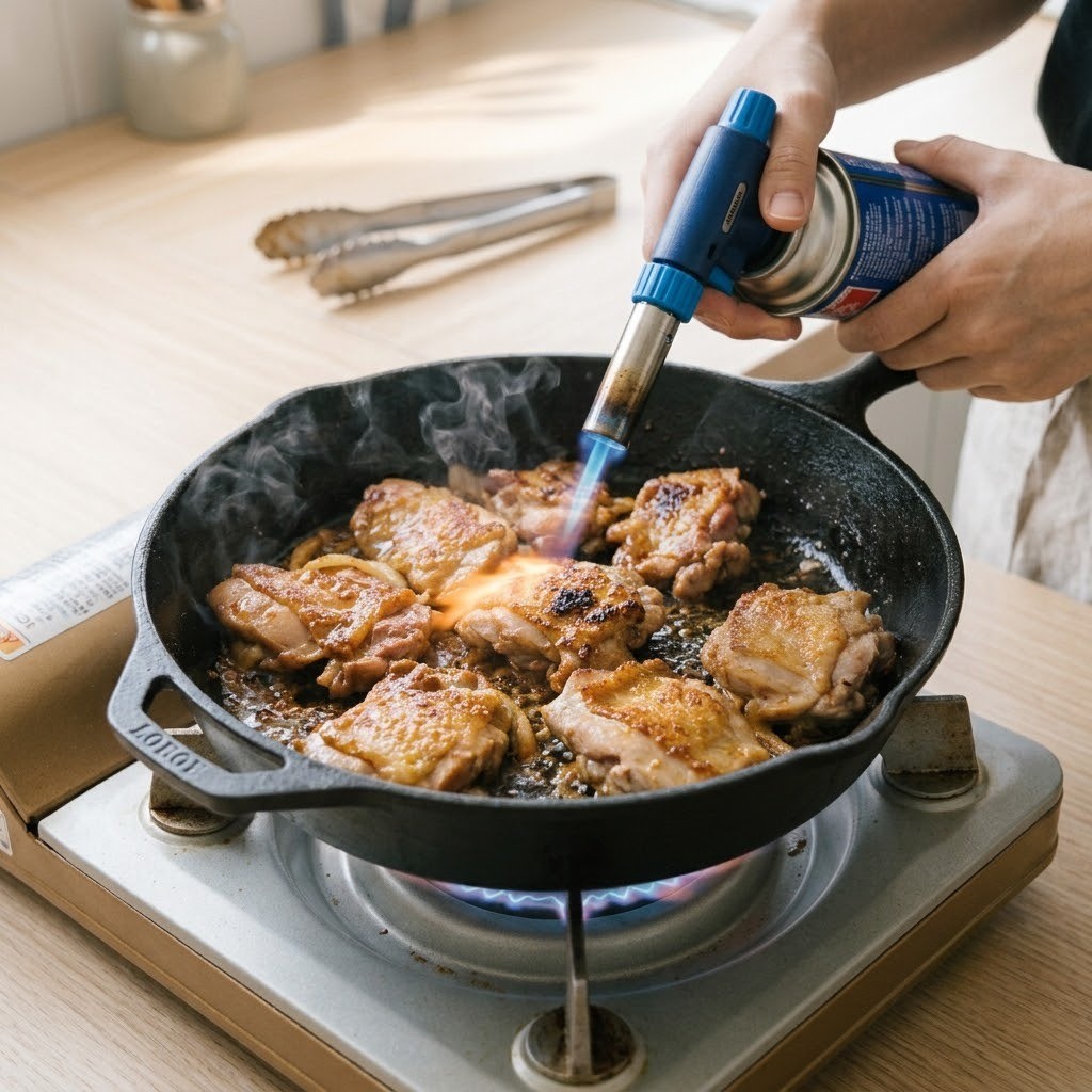 쌈장닭갈비 조리 완료 후 불을 끄고 핸디 토치로 불향을 입히는 순간