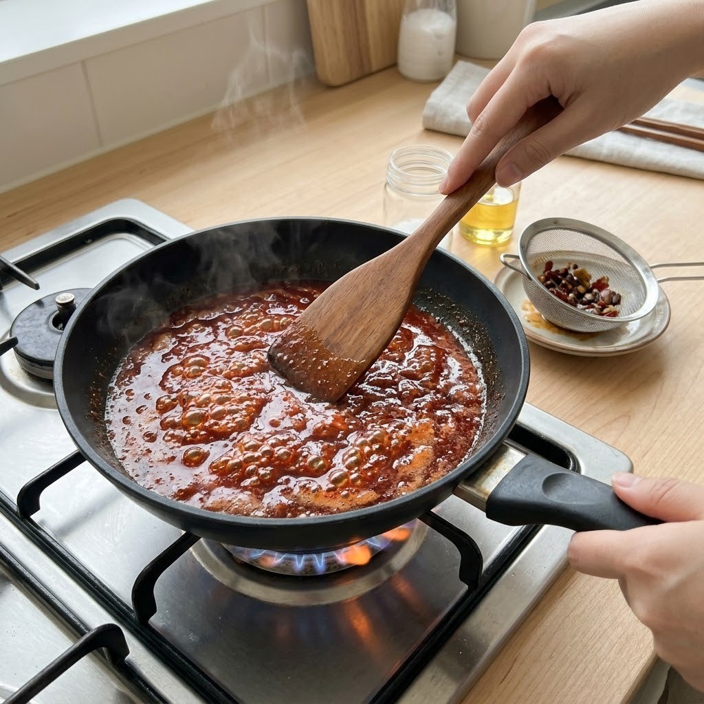 마라진미채볶음 팬에 마라샹궈 소스와 양념장을 넣고 졸이는 모습