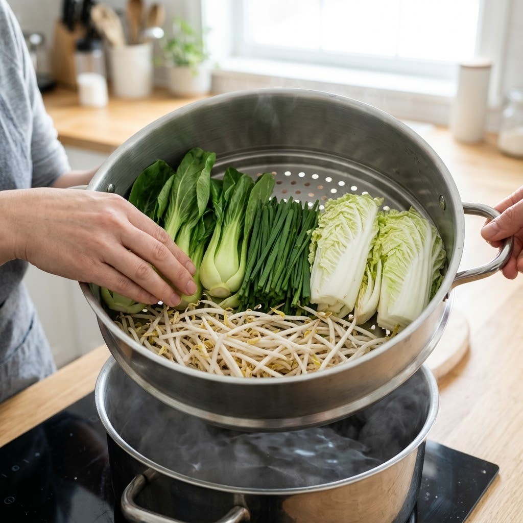찜기 바닥에 숙주와 알배추 청경채 부추를 깔아주는 장면