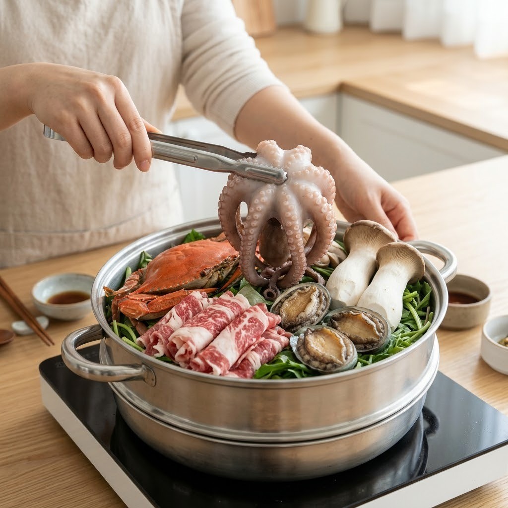 찜기 속 차돌박이와 대게 전복 산낙지를 푸짐하게 담는 모습