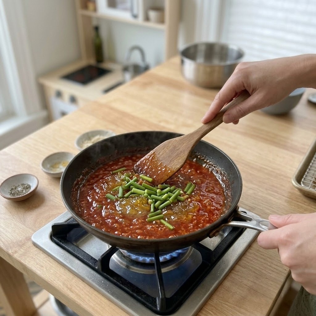 곶감고추장 양념치밥 팬에 곶감고추장 소스와 쫑쫑 썬 마늘종을 윤기나게 조리는 모습