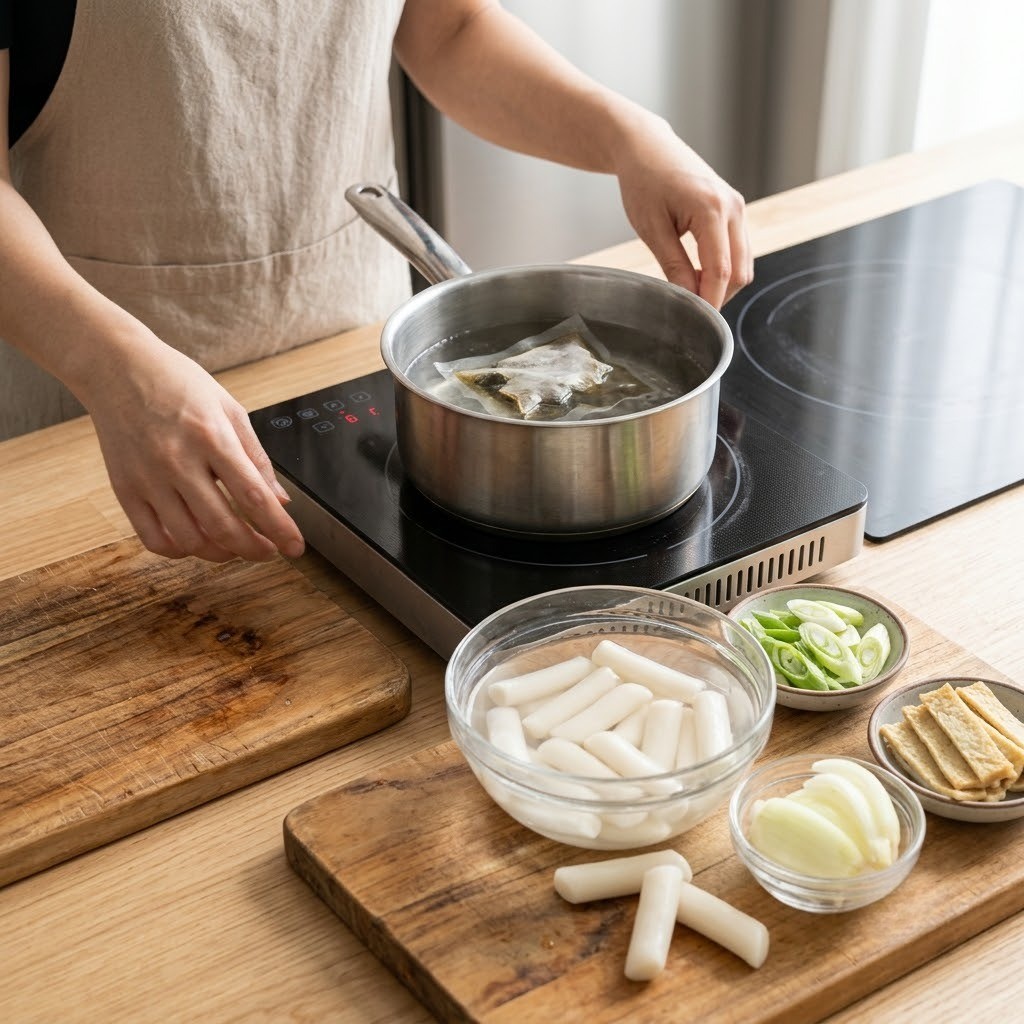곶감고추장 떡볶이 멸치다시마 육수를 끓이고 떡과 채소를 손질하는 모습