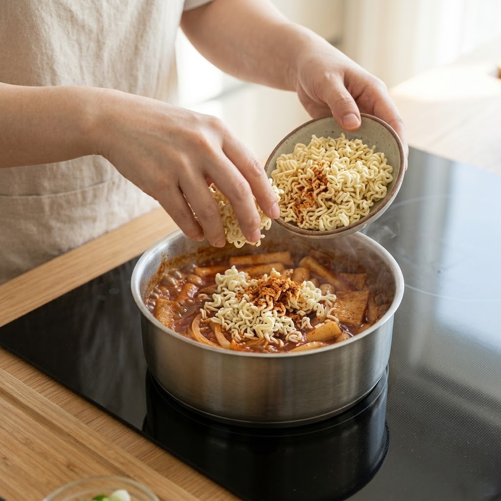 차돌 라볶밥 떡볶이 국물에 부순 라면과 분말스프를 넣고 졸이는 모습