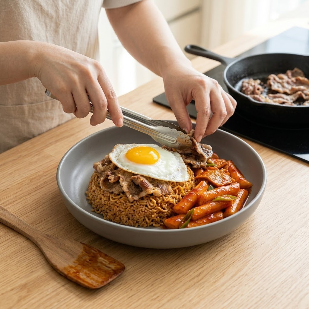 차돌 라볶밥 밥을 넣어 골고루 볶은 뒤 차돌박이와 달걀을 얹어 담아낸 모습