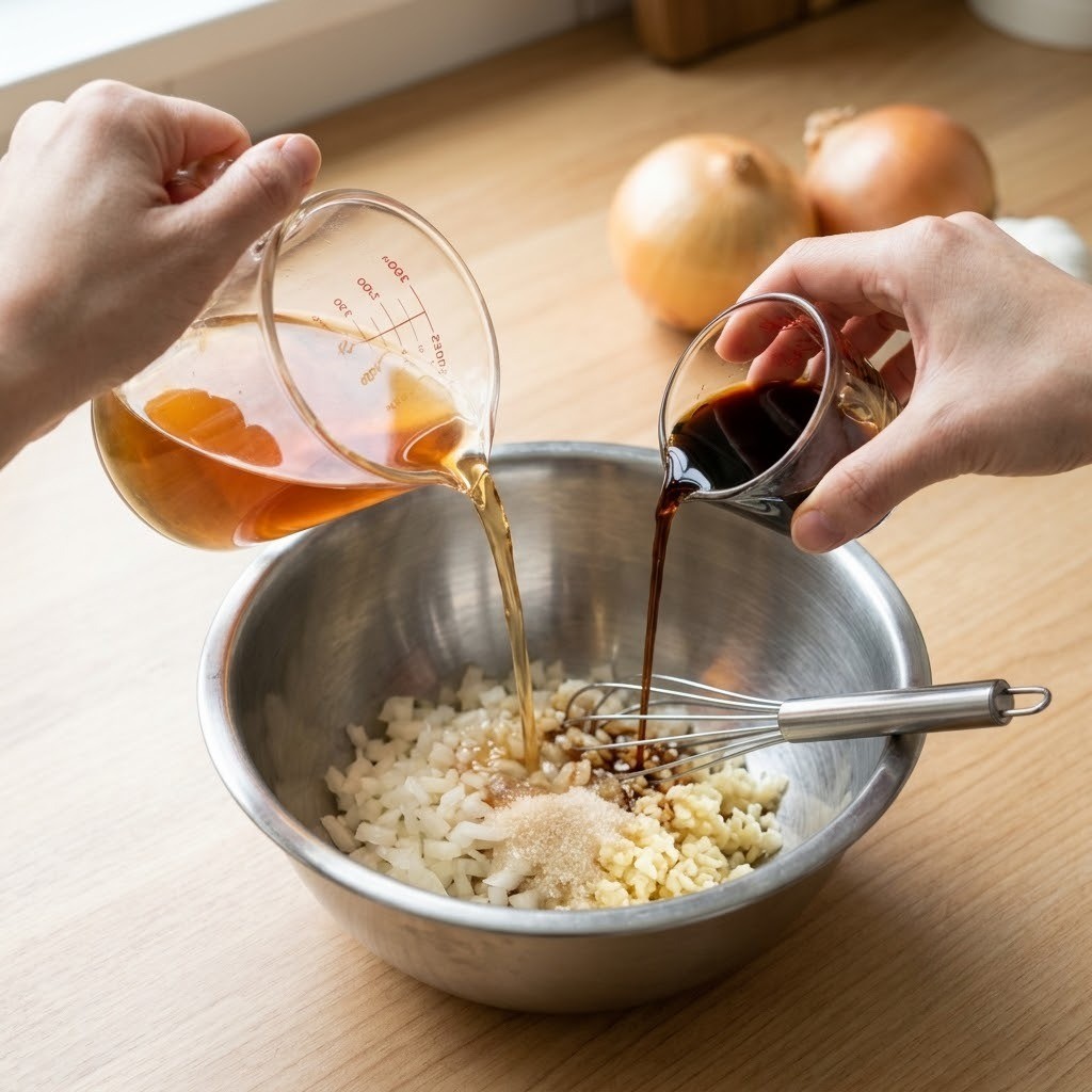 저염 맛간장 볼에 육수와 간장 다진 채소를 넣고 섞는 모습