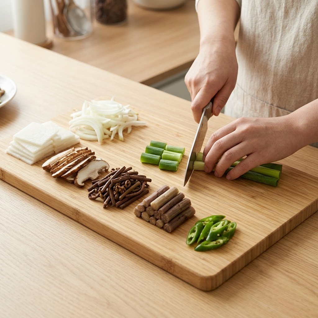 맑은 육개장 도마 위에서 나박 썬 무와 표고버섯 대파 등 채소를 손질하는 모습