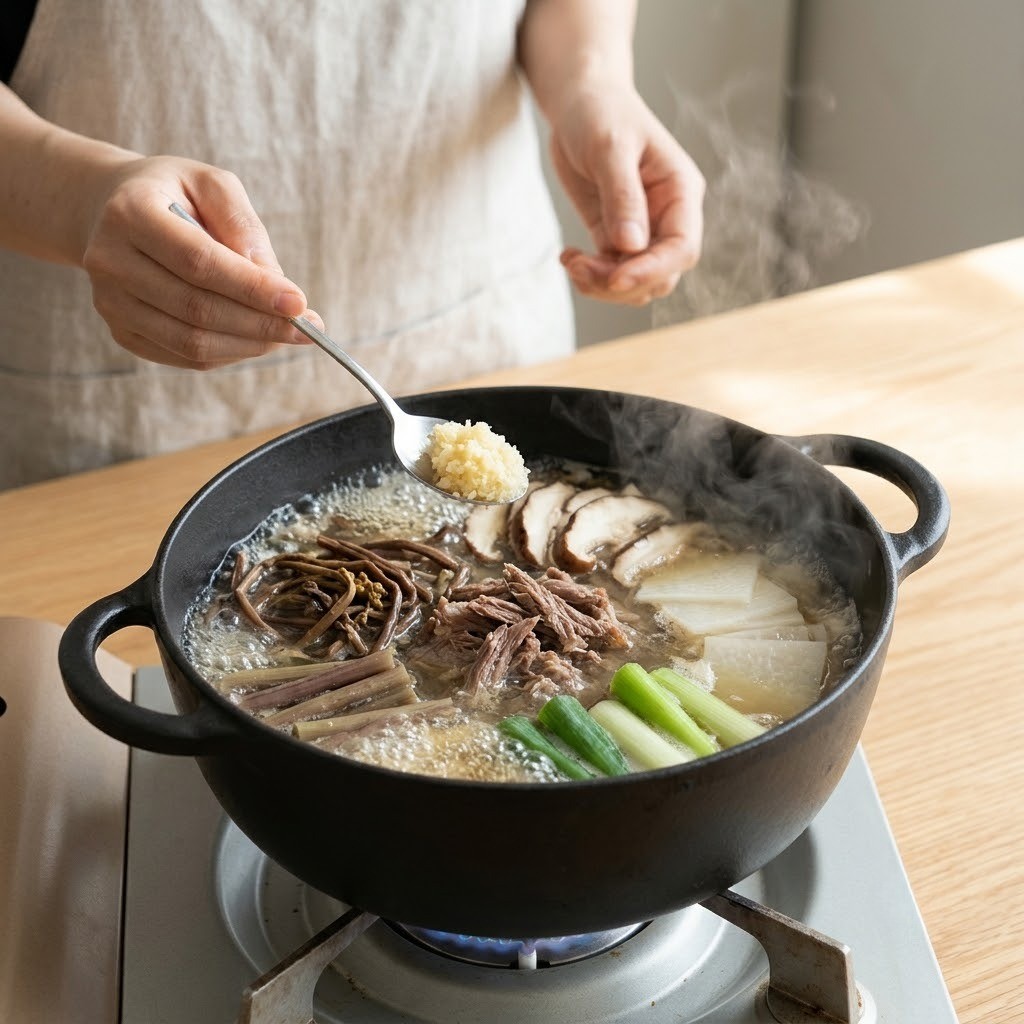맑은 육개장 볶은 재료에 육수와 대파를 넣고 푹 끓여 완성하는 모습
