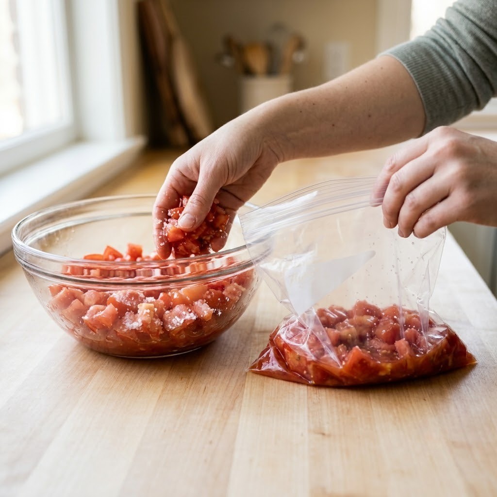 토마토 소금 토마토에 소금을 버무려 지퍼백 공기를 빼고 밀봉하는 모습