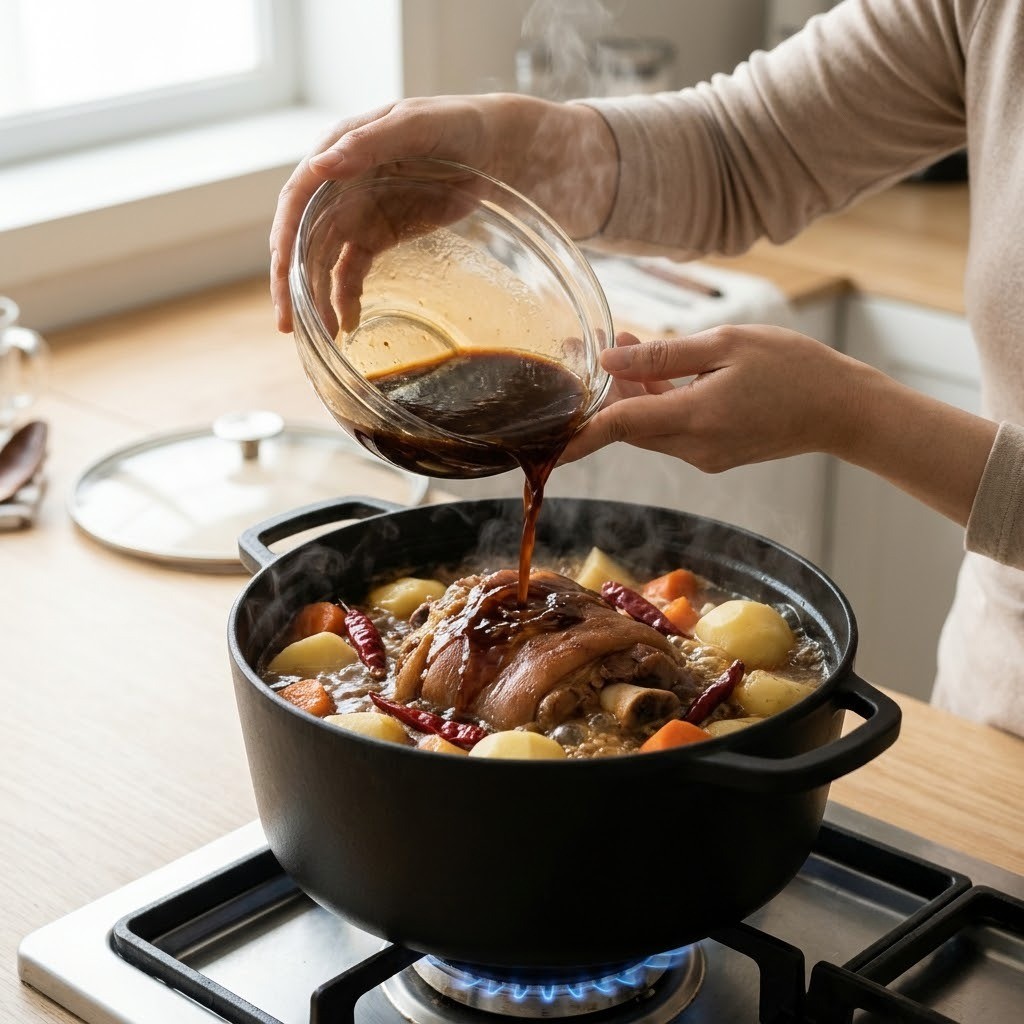 토마토 갈비찜 양념장과 감자 당근 넣고 조려 익히기