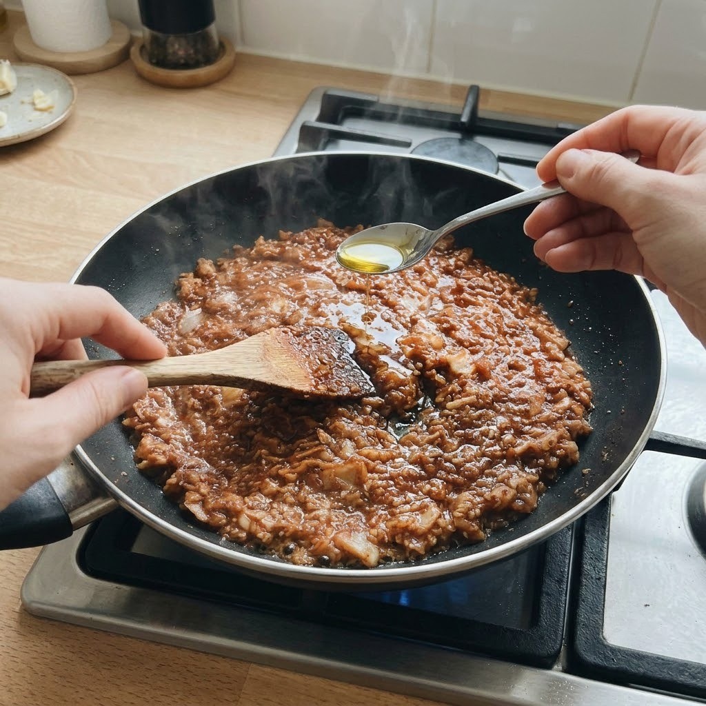 묵은지장 완성 직전 마무리 들기름을 둘러 섞어주는 모습