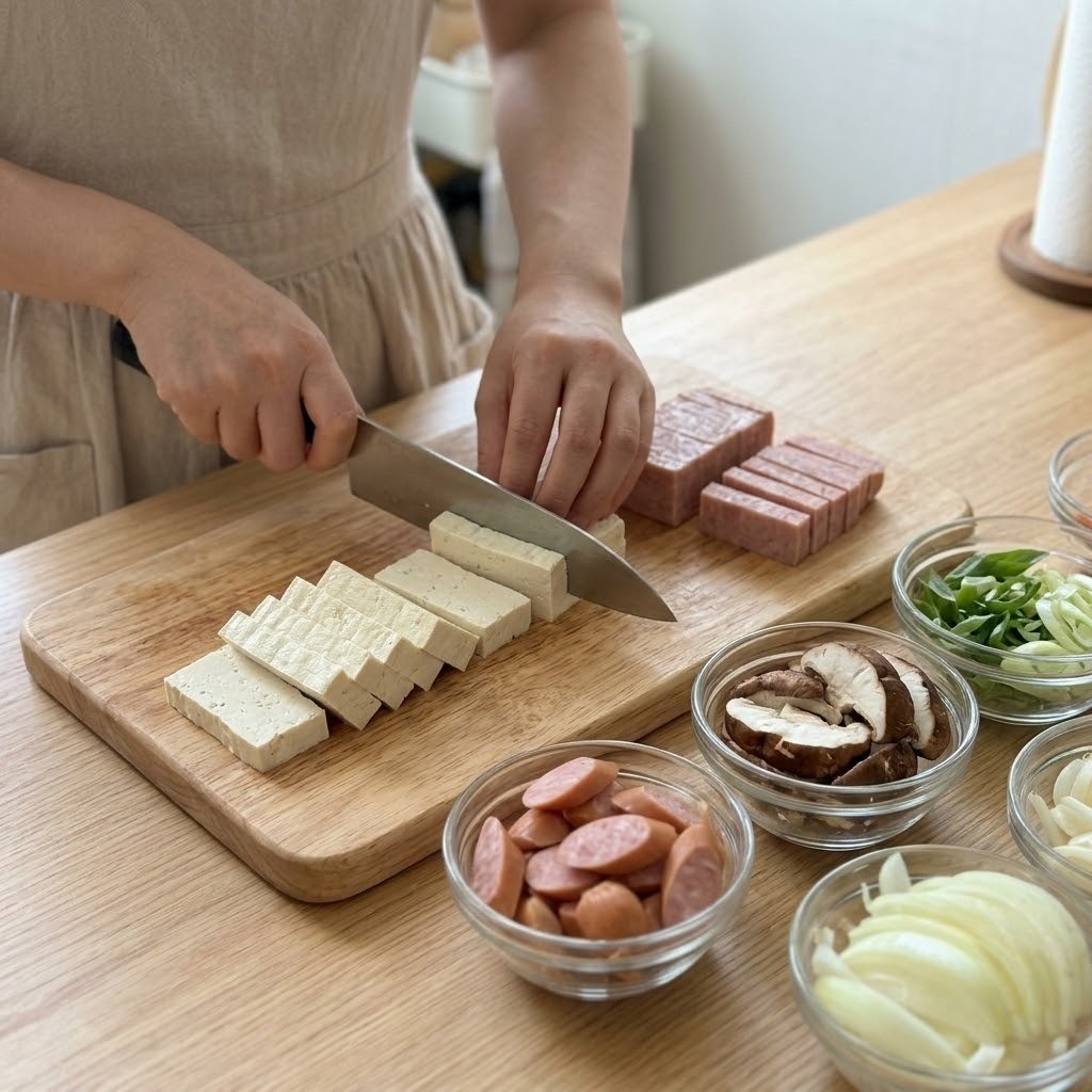 묵은지장 부대찌개 두부와 햄 소시지 버섯 채소 손질 과정