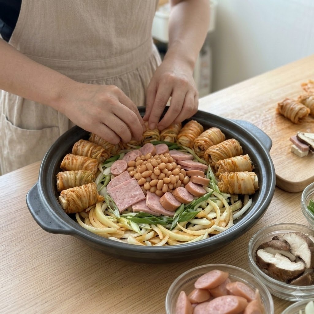 묵은지장 부대찌개 전골냄비에 채소와 묵은지쌈을 둥글게 담는 과정