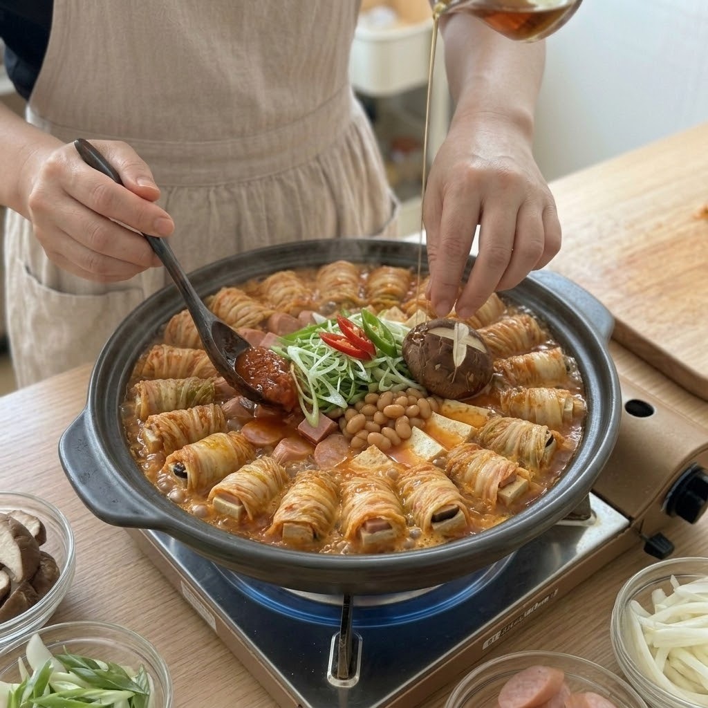 묵은지장 부대찌개 쌀뜨물과 묵은지장을 넣고 보글보글 끓이는 모습