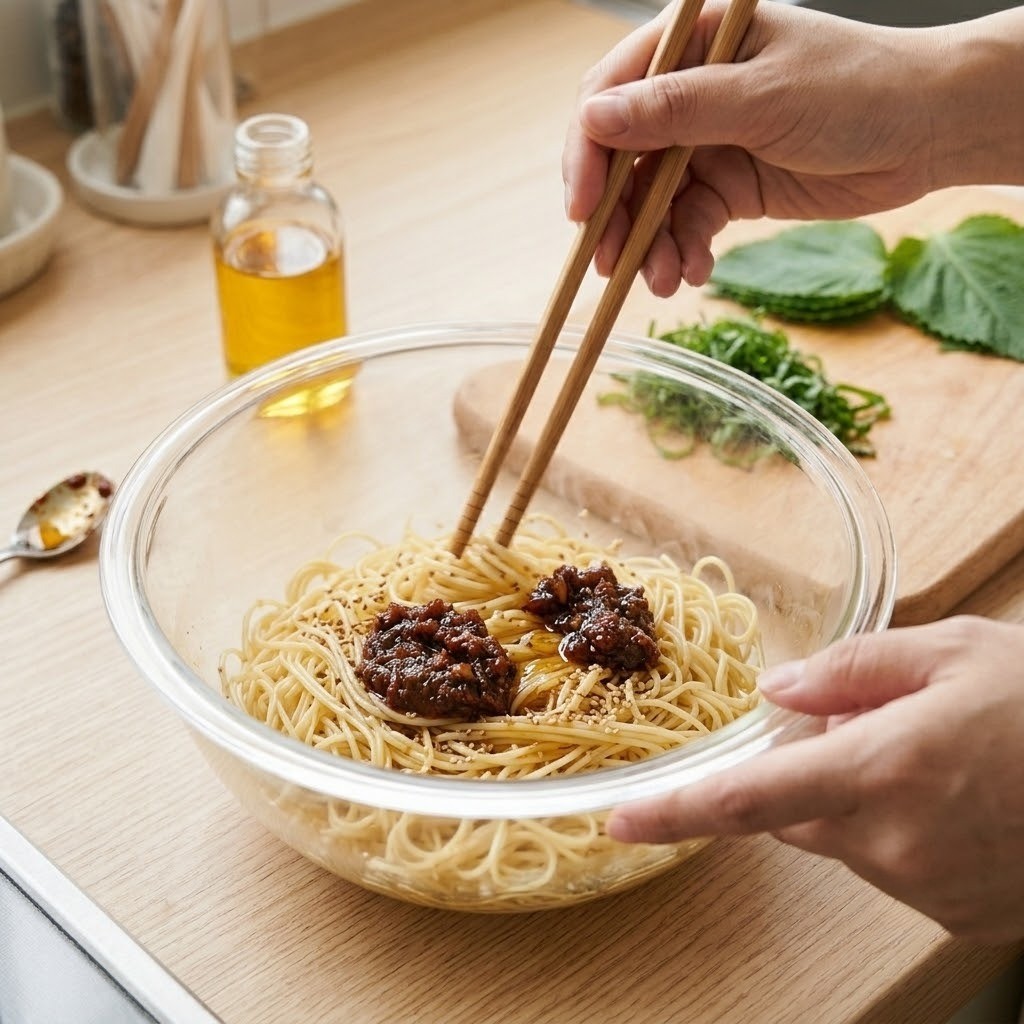 묵은지장 깻잎 파스타 들기름으로 코팅하고 묵은지장 버무리기
