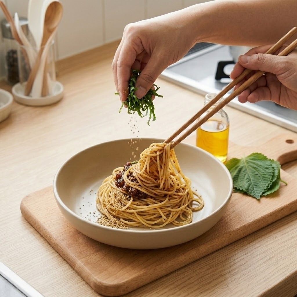 묵은지장 깻잎 파스타 그릇에 면을 담고 깻잎과 들깻가루 토핑
