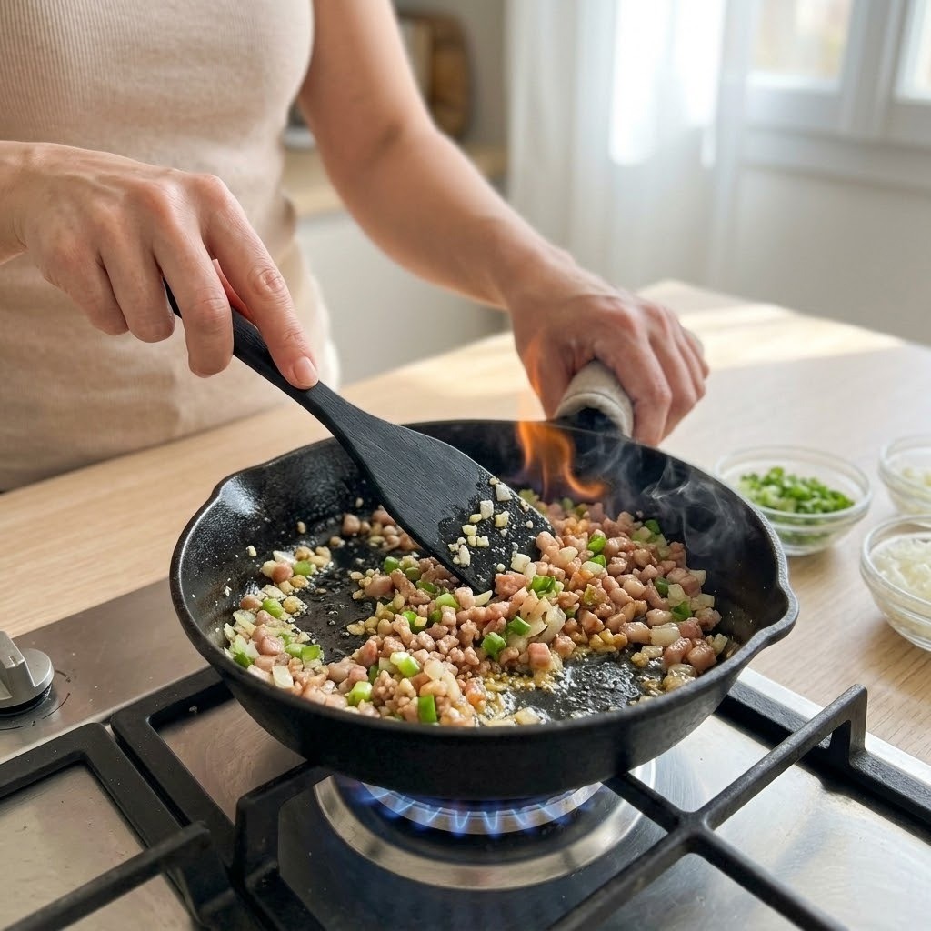토마토 삼겹구이 달군 팬에 향신 채소와 다진 삼겹살을 넣고 센 불에 볶아내는 과정