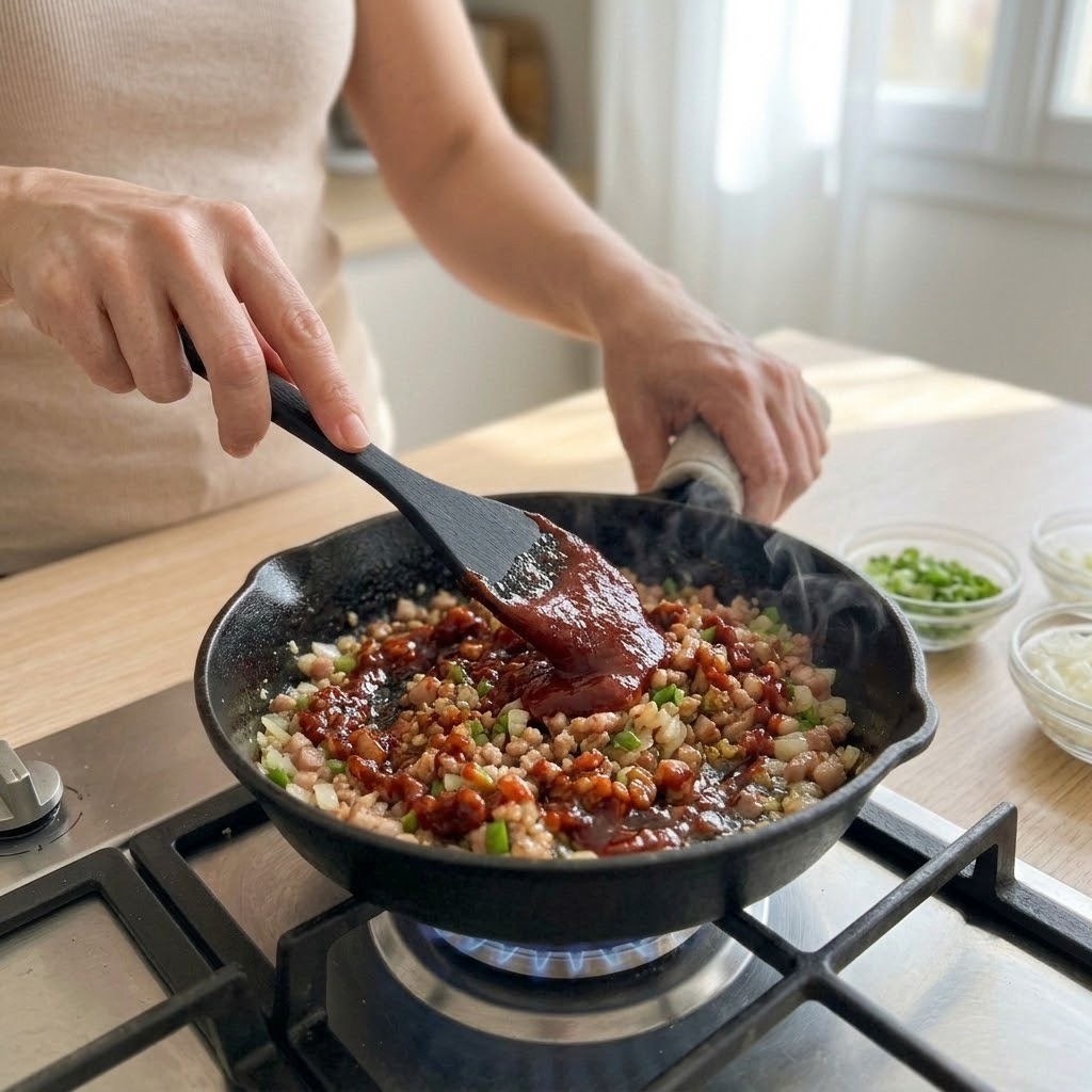 토마토 삼겹구이 볶은 삼겹살에 곶감고추장 양념을 넣고 잔열에서 고르게 버무리는 과정