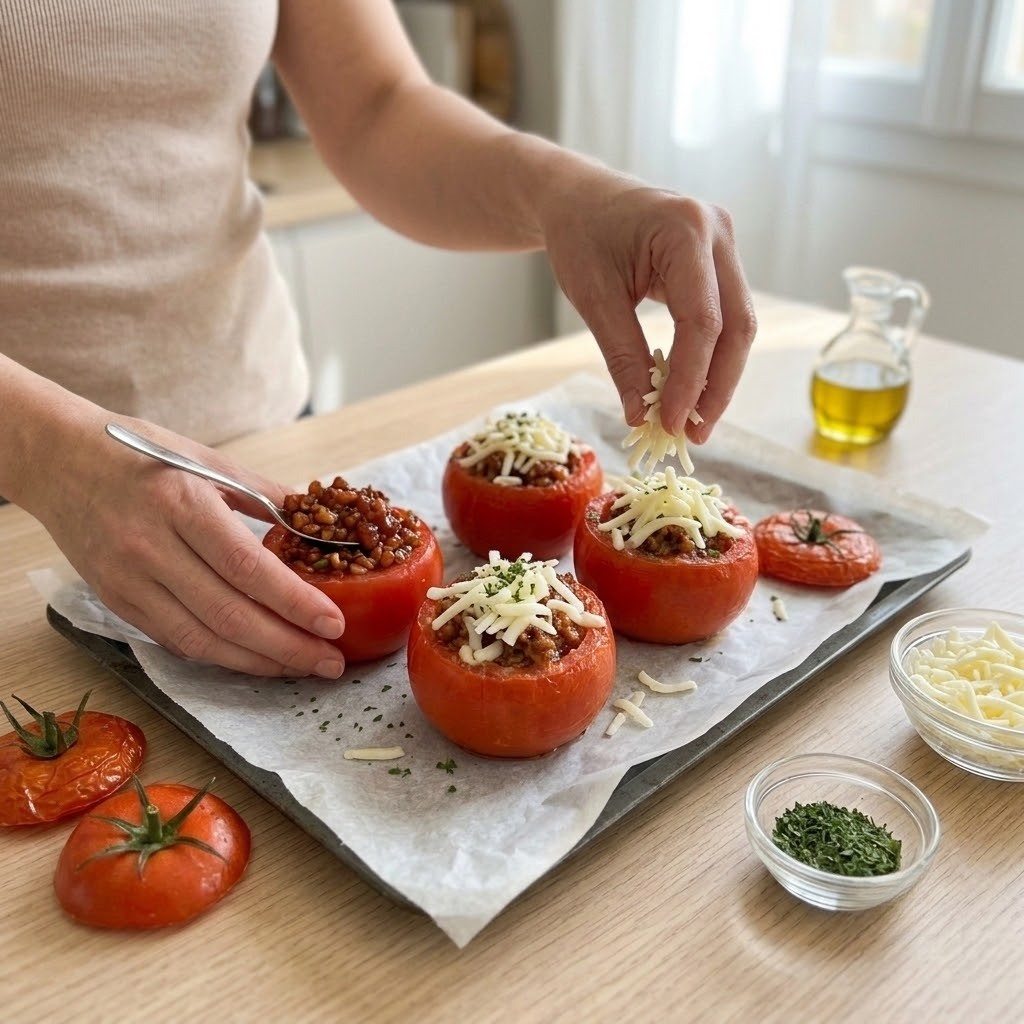 토마토 삼겹구이 속을 파낸 토마토 안에 양념 삼겹살을 채우고 치즈를 올리는 모습