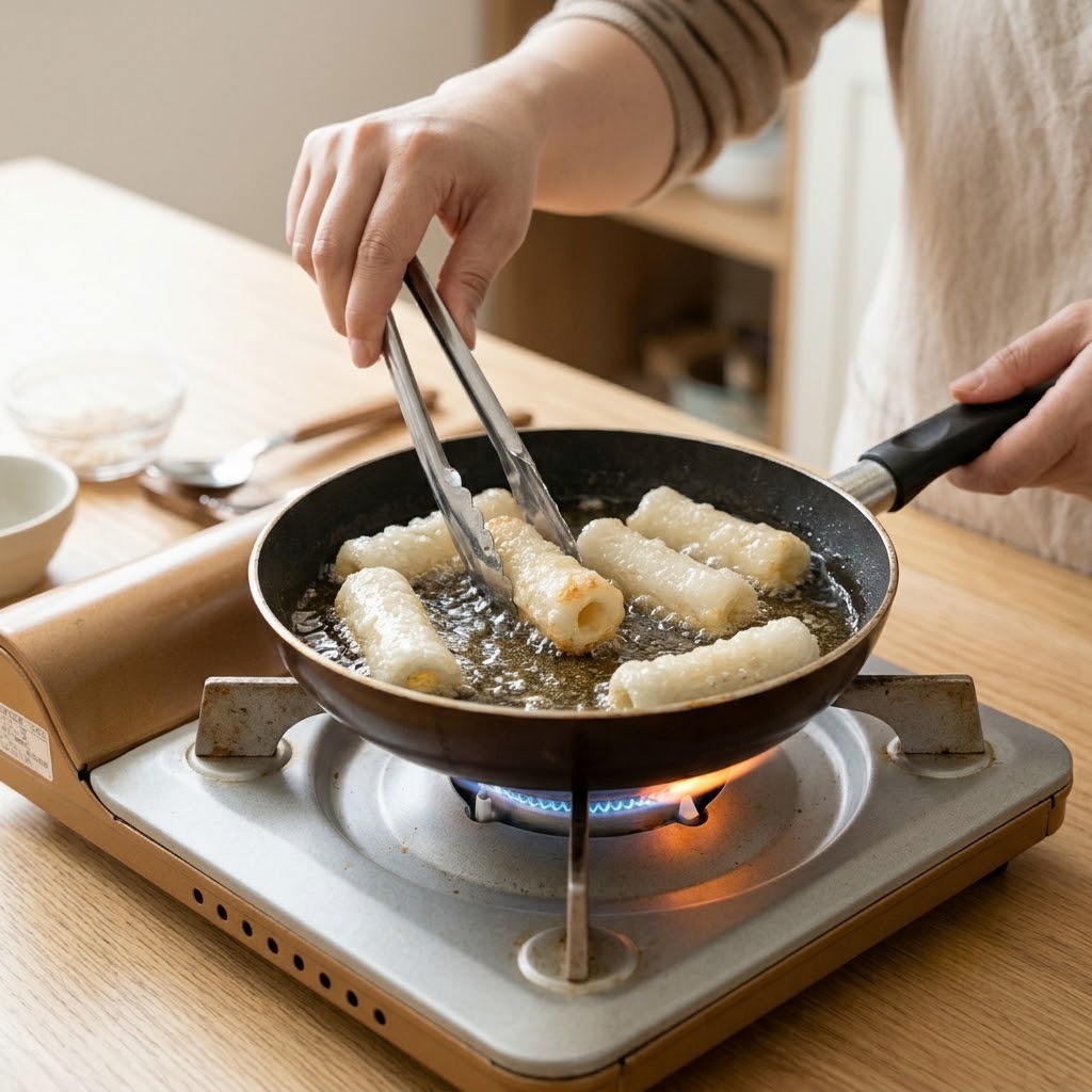 쌈장닭갈비 달궈진 기름에 구멍떡을 노릇하고 바삭하게 튀기는 모습