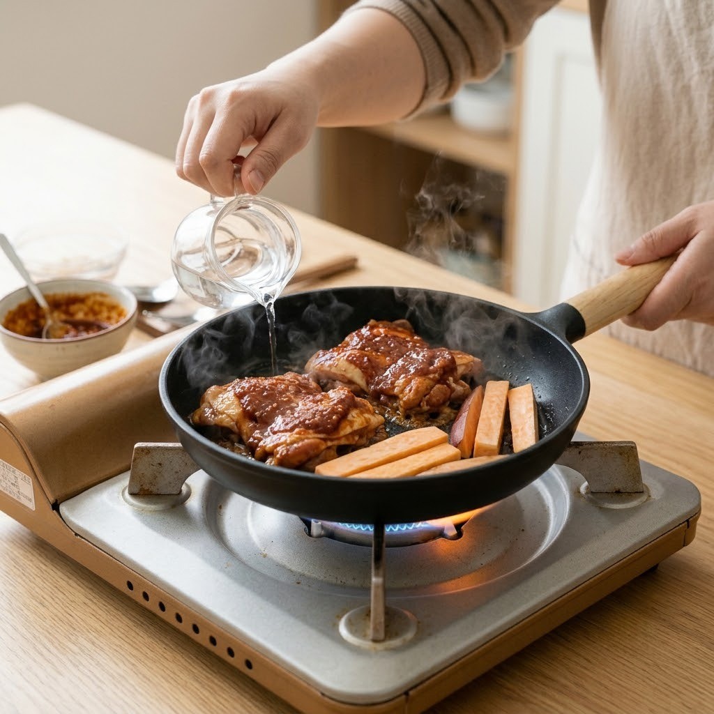 쌈장닭갈비 팬에 닭다리살 껍질과 고구마를 올려 중약불로 굽는 과정