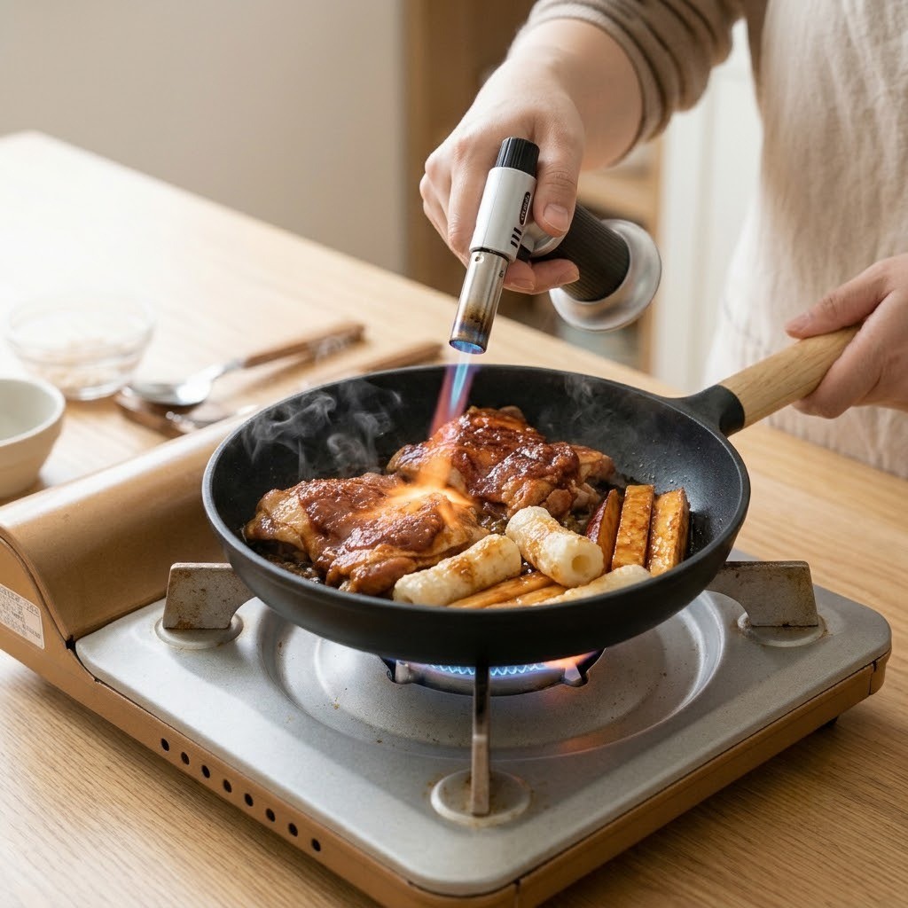 쌈장닭갈비 잘 익은 닭고기에 토치로 불향을 입히고 떡을 버무리는 모습